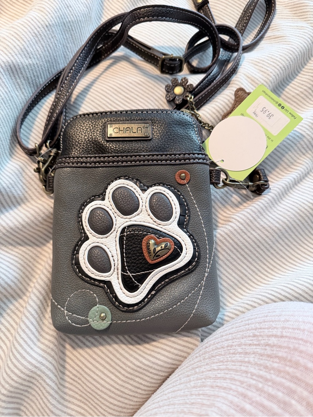 Chala Gray Faux Leather Convertible Crossbody with Paw Charm